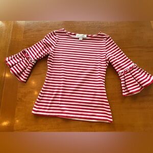 Sara Campbell red and white striped ruffle bell sleeve stretch top. XS. NWOT.